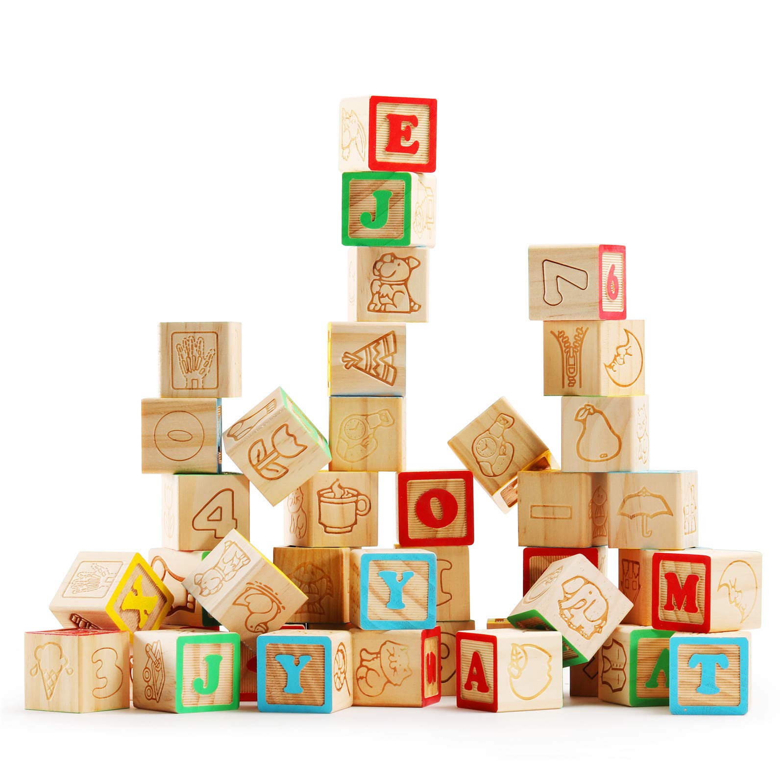 SainSmart Jr. Wooden ABC Alphabet Blocks Set, 40PCS Classic Wood Toy for Stacking Building Educational Learning, with Mesh Bag for Preschool Letters Number Counting for Ages 3 4 5 6 Toddlers,1.2