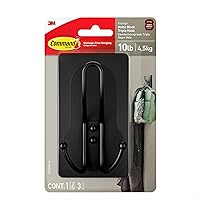 Command X-Large Matte Black Triple Hook, 1 Hook, 3 Command Strips, Damage Free Hanging Wall Hooks with Adhesive Strips, No Tools Wall Hooks for Hanging Decorations in Living Spaces