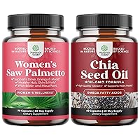 Bundle of Extra Strength Saw Palmetto for Women and Chia Seed Oil Extract Capsules - Stronger Thicker Faster Hair Growth Vitamins - Plant Based Omega 3 6 9 Supplement and Daily Fiber Capsules