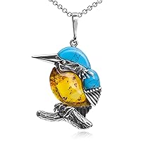 Sterling Silver Amber Blue Turquoise Kingfisher Bird Pendant Necklace 18 Inches