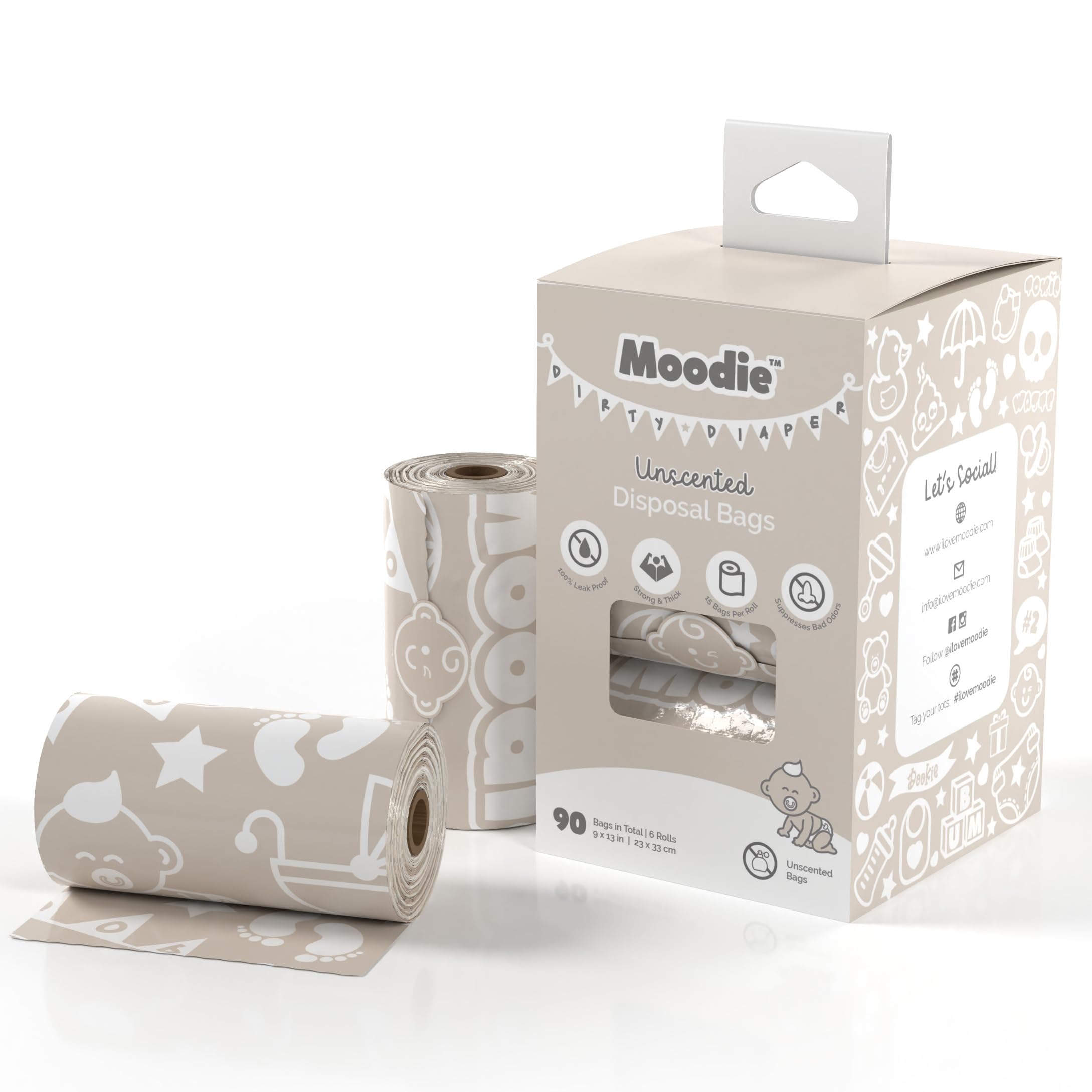 Moodie Teddy Bear Diaper Bag Dispenser w/Silicon Strap (SAGE GREEN) & 6 Refill Roll PACK (UNSCENTED - 105 Bags TOTAL) | Diaper Bag Essential Items