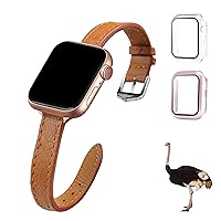 Women Light Brown Flat Ostrich Leather Band Compatible Apple Watch Iwatch Silver Buckle 45mm Screen Protector Case Elegant Vintage Replacement Strap For Smartwatch Series 7 8 HandmadeAW-186S-W-45MM