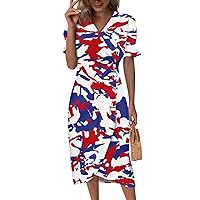 Mid Length Summer Dresses, 4Th of July Outfits for Women Elegant Wrap V Neck Prom Midi 2024 Retro Dress, S, 3XL