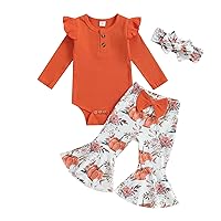 Ynibbim Toddler Girl Halloween Bell-bottom Fall Outfits Infant Baby Long Sleeve Sweatshirt Pumpkin Print Flared Pants Set