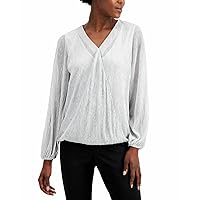 Alfani Womens Shimmer Pullover Blouse, Off-White, Medium