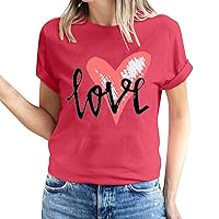 2024 Women Love Heart Print T Shirt Valentines Day Funny Love Letter Short Sleeve Tee Shirt Casual Crewneck Tops