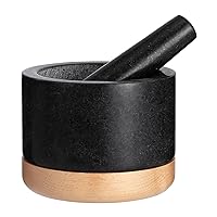 Polished Granite Mortar and Pestle Set, Stone Grinder Bowl for Grinding Herbs Spices, Making Guacamo, Salsa, Pepper and Nuts Crusher (Granite, with Wood Base)