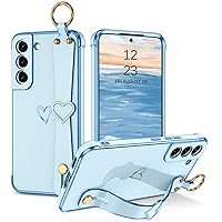 GUAGUA for Samsung Galaxy S22 Case, Plating Love Heart Phone Case with Wristband Kickstand Strap Holder Slim Flexible TPU Shockproof Protective Electroplated Case for Samsung Galaxy S22 6.1'', Blue