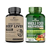 Grass Fed Desiccated Beef Liver Capsules (180 Pills, 750mg Each) + Whole Food Multivitamin for Men - Natural Multi Vitamins, Minerals, Organic Extracts Bundle