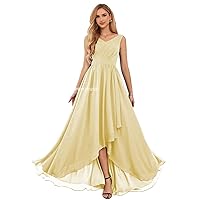 PEIYJYUSP High Low Chiffon Bridesmaid Dresses for Wedding Long V Neck A Line Corset Formal Prom Dress with Slit