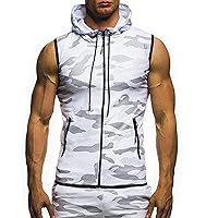 Men's Zipper Athletic Tops Camouflage Sleeveless Hoodie Sports Running Hooded Vest Shirts Workout Pocket Tank Top
