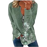 Plus Size Fall Tops for Women,Women's Sweatshirts Long Sleeve V-Neck Zipper Printed Tops Oversized Casual Loose Pullover Tops