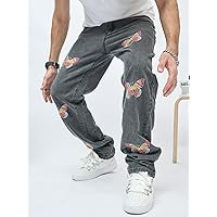 Men's Jeans Men Butterfly Embroidery Straight Leg Jeans Jeans (Color : Dark Grey, Size : 30)