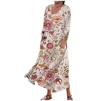 Dresses for Women 2023 Oversized Swing Beach Maxi Dress with Floral Print Round Neck Seven Sleeve Basic Loose Pocket Dress