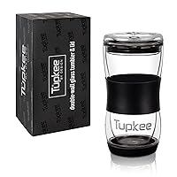 Tupkee 20 oz Double Wall Glass Tumbler With Lid – All Glass Reusable Insulated Hand Blown Glass Travel Mug - For Coffee, Tea, Boba, Iced Coffee, and Smoothie Cup To Go – Black
