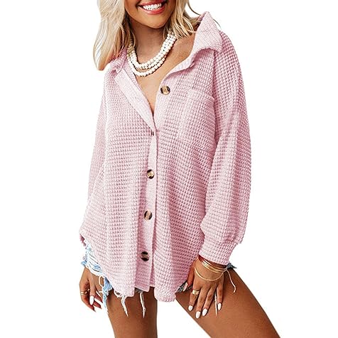Womens Waffle Knit Shacket Jacket Casual Long Sleeve Button Down Shirts Dressy Blouses Tops