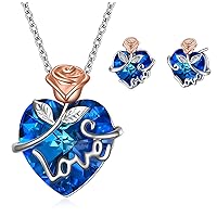 AOBOCO Eose Jewelry Set Gifts, Love Crystal Pendant Necklace for Daughter Wife, Sapphire Blue