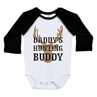 Hunting Raglan Onesie, Daddy's Hunting Buddy, Long Sleeve Baby Onesie (3-6m, Black Sleeves)