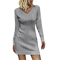 Women's Holiday Dresses Fashion Casual V-Neck Sweater Dress Loose Knitted Drop Shoulder Dress, S-L