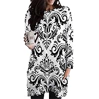 Damask Pattern Women's Long Sleeve T-Shirt Dress with Pockets Crewneck Tunic Top