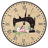 Floral Sewing Machine Wood Wall Clocks She Shed Sewing Large Wall Clock 15inch Vintage Silent Non-Ticking Battery Operated Numeral Clocks Decorative for Office Craft Room Decor Living Room Bedroom