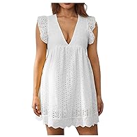 Sun Dresses for Women Casual, Summer Short Sleeve V Neck Swing Dress Flowy Tiered Cutout Ruffle Pocket Dress (L, White)