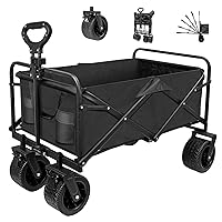 SZHLUX Collapsible Foldable Wagon,Beach Wagon with Big Wheels for Sand,Utility Grocery Wagon with Side Pocket and Brakes for Camping Sports Outdoor Activities