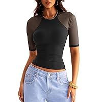 Womens Mesh Half Sleeve Tops Double Lined Crew Neck Fitted T Shirts Basic Tees