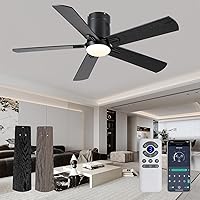 52 Inch Ceiling Fans with Lights and Remote, LED Flush Mount Black Ceiling Fan with Quiet DC Motor, Dimmable 6 Speeds Reversible Low Profile Modern Ceiling Fan for Bedroom, Living Room