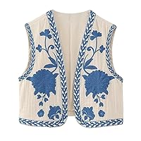 Modegal Women's Floral Linen Vest Top Y2K Sleeveless Lightweight Embroidered Cardigan Shirt