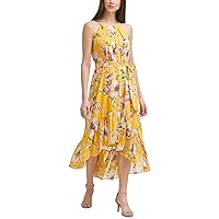 Vince Camuto Women's Printed Chiffon Halter HIGH Low Dress, Yellow, 12