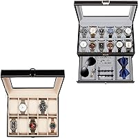 GUKA Watch Box, 10 Slot 12 Slot Watch Case with Real Glass Lid, Watch Display Case with PU Leather for Men and Women, Black