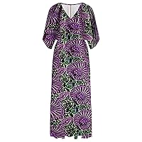 Womens Summer Dresses V Neck Short Sleeved Loose Bohemian Side Split Long Dress Retro Print Dress(Purple,5X-Large)