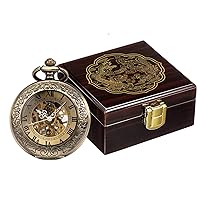 ManChDa Vintage Pocket Watch Mechanical Pocket Watches for Men Women Pocket Watch with Chain Special Magnifier Half Hunter Double Open Engraved Pocket Watch with Brown Wooden Case Gift for Fathers Day