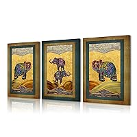 Kyiyhzp Yellow Wall Art 3 Board Vintage Elephant Picture Bohemian Animal Edition Art Picture for Modern Elegant Home Decoration Bedroom Office Wall Picture (12 inches x 16 inches x 3 pieces)