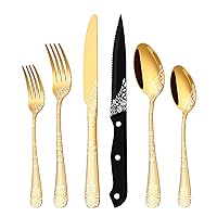 EUIRIO 24-Piece Gold Silverware Set with Steak Knives, Flatware Set for 4, Stainless Steel Mirror Cutlery Set, Spoons Forks Knives Set with Unique Floral Laser, Eating Utensils, Dishwasher Safe