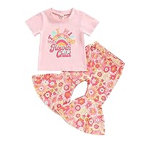 wdehow Toddler Baby Girl Clothes Set Short Sleeve Tassel T-Shirt Top Bottom Sunflower Flare Pants 2pcs Spring Summer Outfits