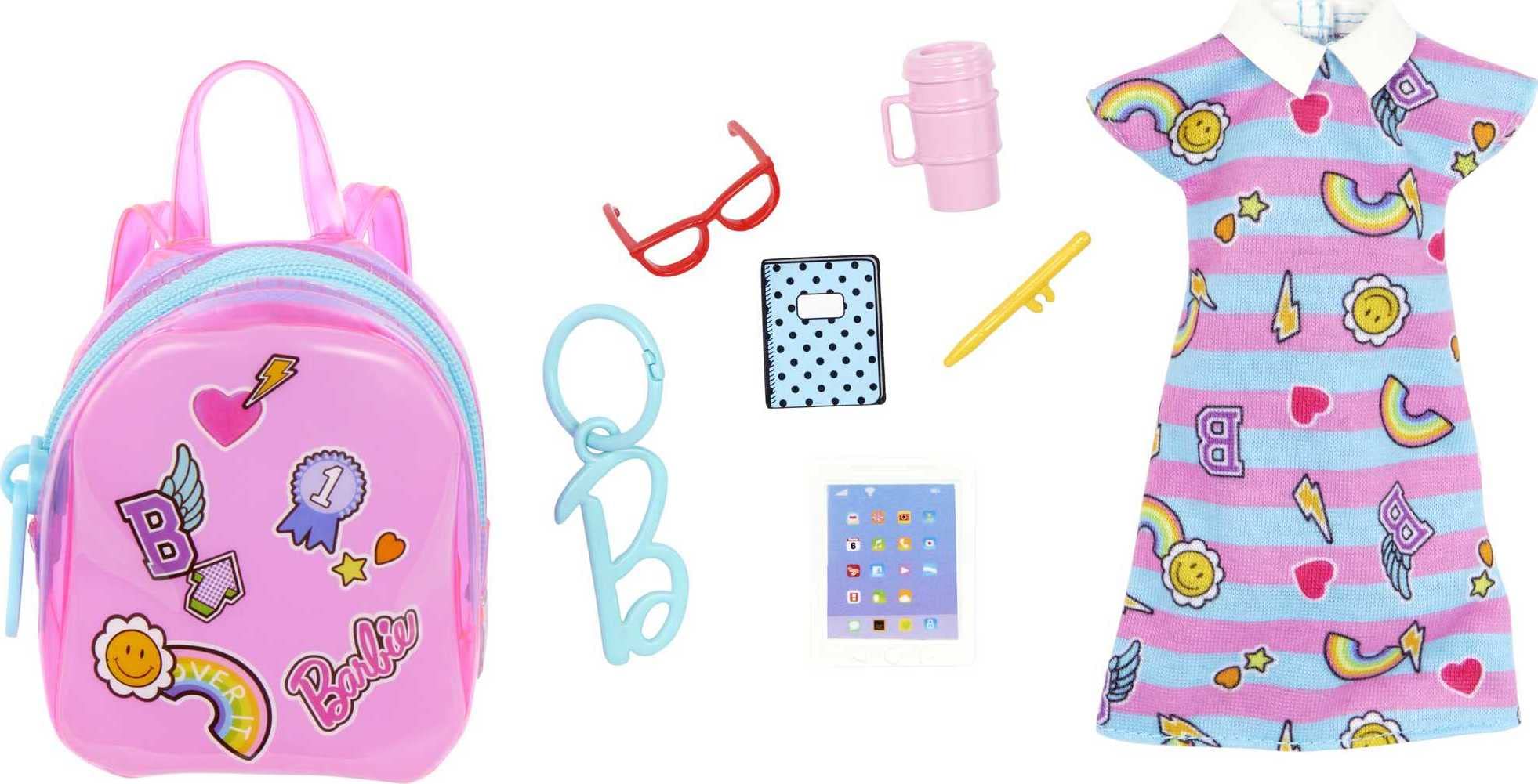 Barbie Clothes, Deluxe Clip-On Bag with School Outfit and Five Themed Accessories for Barbie Dolls