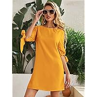 Women's Dress Pearls Cut-Out Sleeve Knot Cuff Dress Dress for Women (Color : Yellow, Size : X-Large)