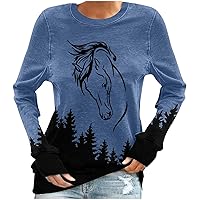 Oversized Sweatshirt for Women Casual Crewneck Pullover Long Sleeve Tunic Tops Teen Girls Cute Horse Graphic Shirts
