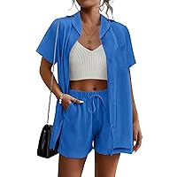Ekouaer Womens 2 Piece Lounge Set Short Sleeve Button Down Shirt Vacation Outfits Casual Loungewear with Pockets