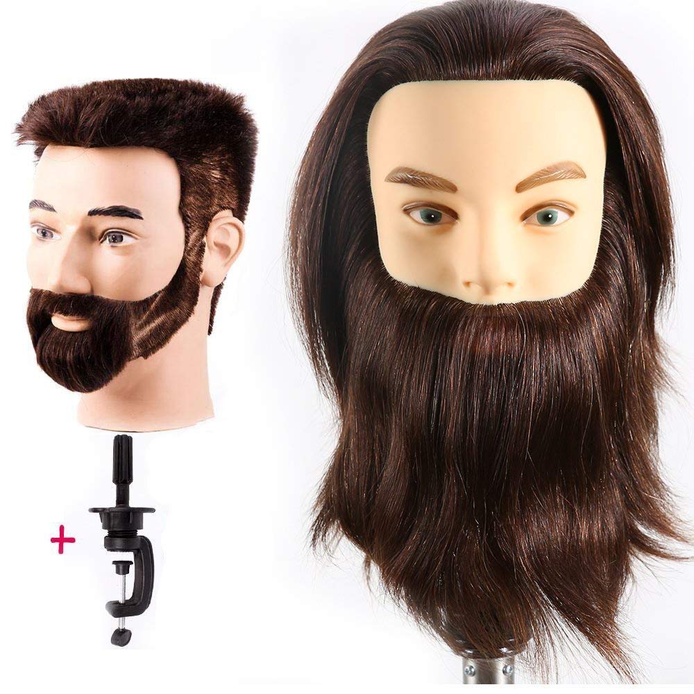 HAIREALM Male Mannequin Head With 100% Human Hair Barber Head Practice Hairdresser Cosmetology Training Doll Head for Hair Styling (Table Clamp Sta...