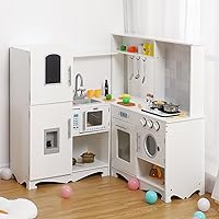 Corner Play Kitchen for Kids, Wooden Kitchen Playset w/Cooking Stove,Oven,Sink, Microwave, Blackboard, Storage Cabinets,Washing Machine Pretend Cooking Toys with Sound Light Girls Boys Gift Ages 3+