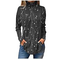 Womens Turtleneck Long Sleeve Shirts Print Business Casual Tops to Wear with Leggings Vintage Dressy Blouses