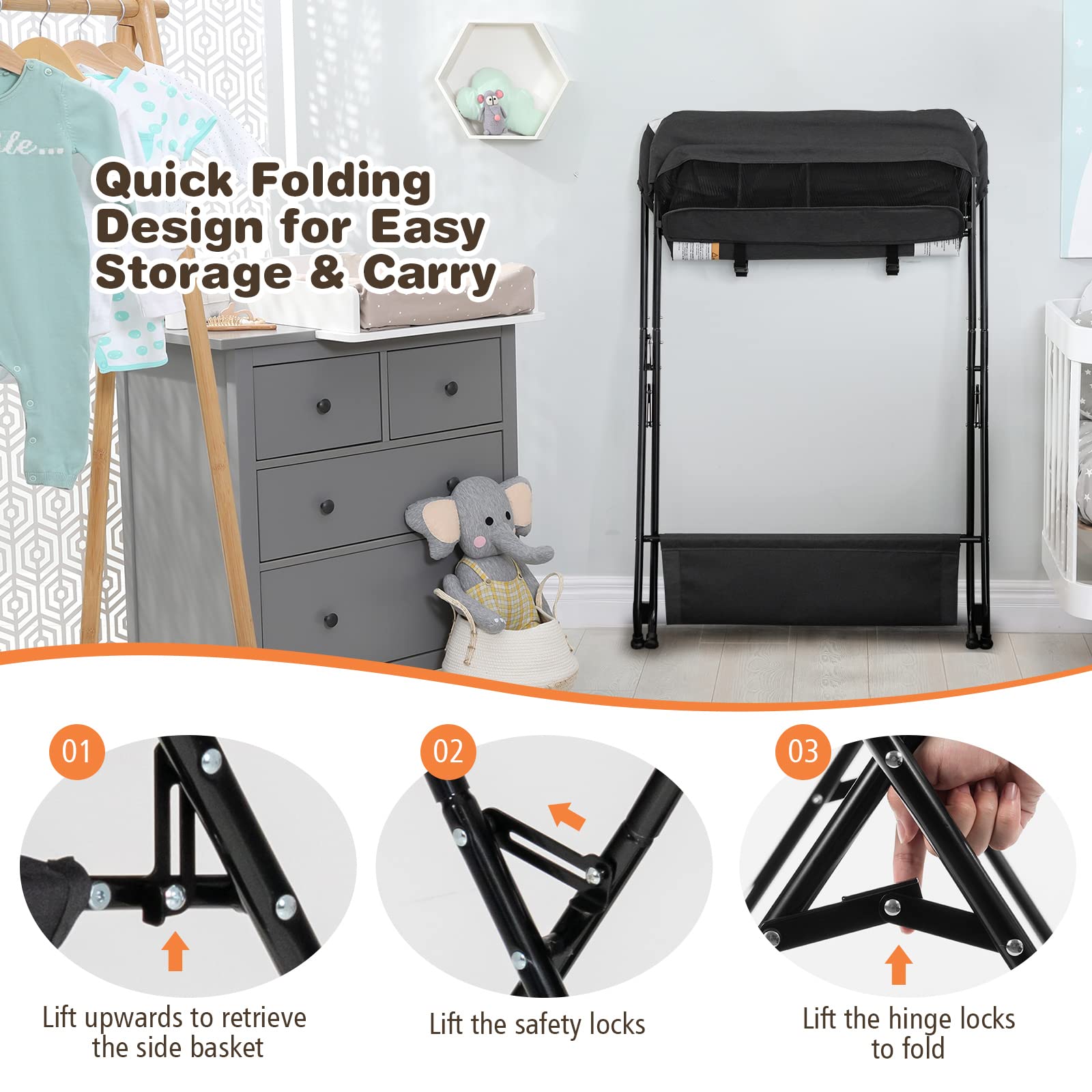 Costzon Changing Table, Portable Baby Changing Table Foldable Diaper Changing Station with Safety Belt, Large Storage Rack & Shelf, Nursery Organizer for Newborn Infant (Black)