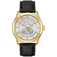 Bulova Men's Classic Sutton 4-Hand Automatic Watch with Gold Stainless Steel, Black Leather Strap,Open Aperture,Exhibition Caseback, Double Curved Mineral Crystal, 42mm (Model: 97A187)
