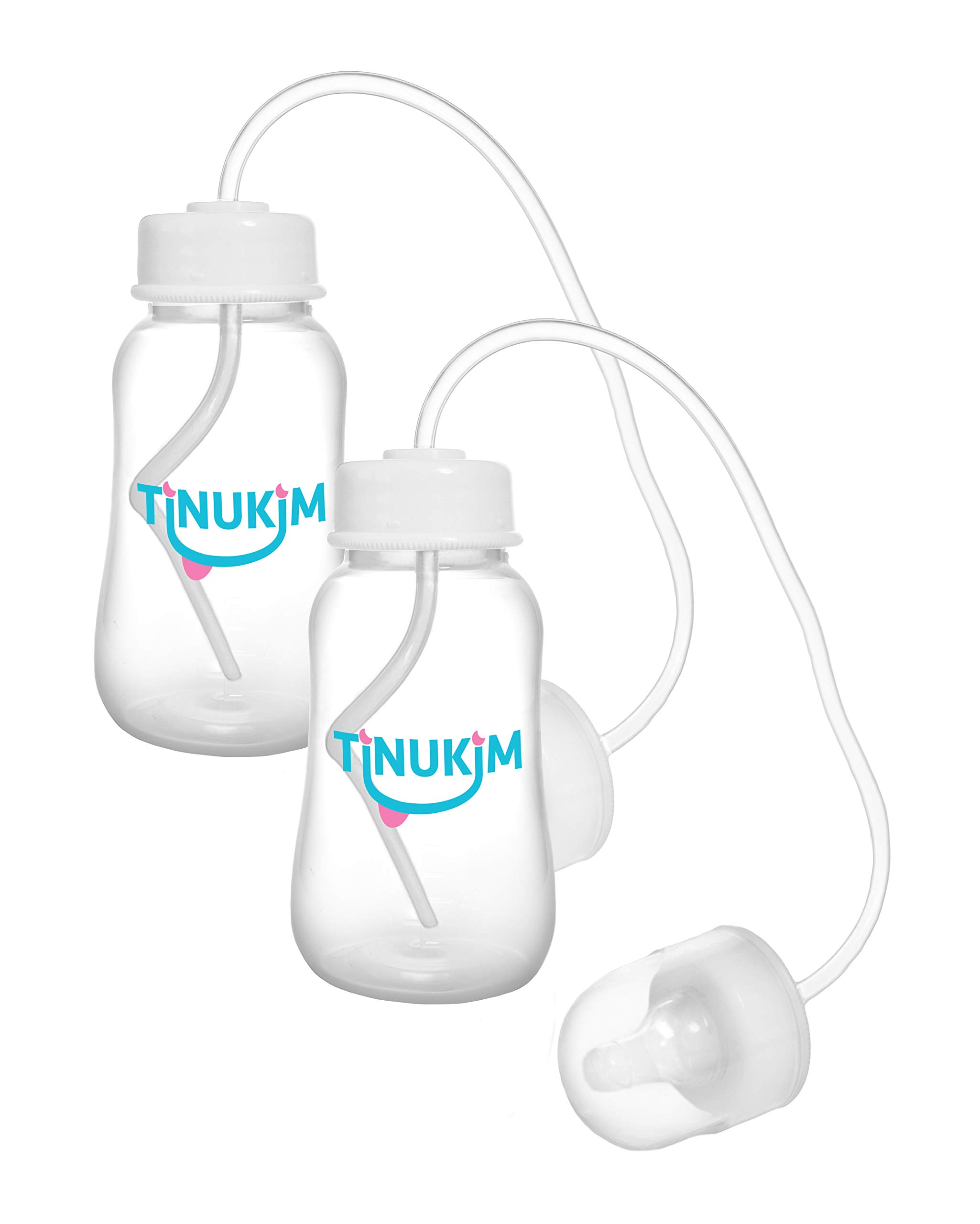 Tinukim iFeed 4 Ounce Self Feeding Baby Bottle with Tube - Handless Anti-Colic Nursing System, White - 2-Pack