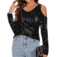 Womens Sparkly Sequin Top V Neck Cold Shoulder Glitter Long Sleeve Dressy Party Blouse Shirts