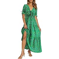Women Tie Front Floral Dress Summer Casual Short Puff Sleeve Sexy V Neck Maxi Dresses A-Line Flowy Tiered Swing Long Dress