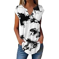 Women's Tops Summer Cap Sleeve T Shirts for Trendy Loose Casual Dressy V Neck Pleated Tunic Tank Tops, S-3XL